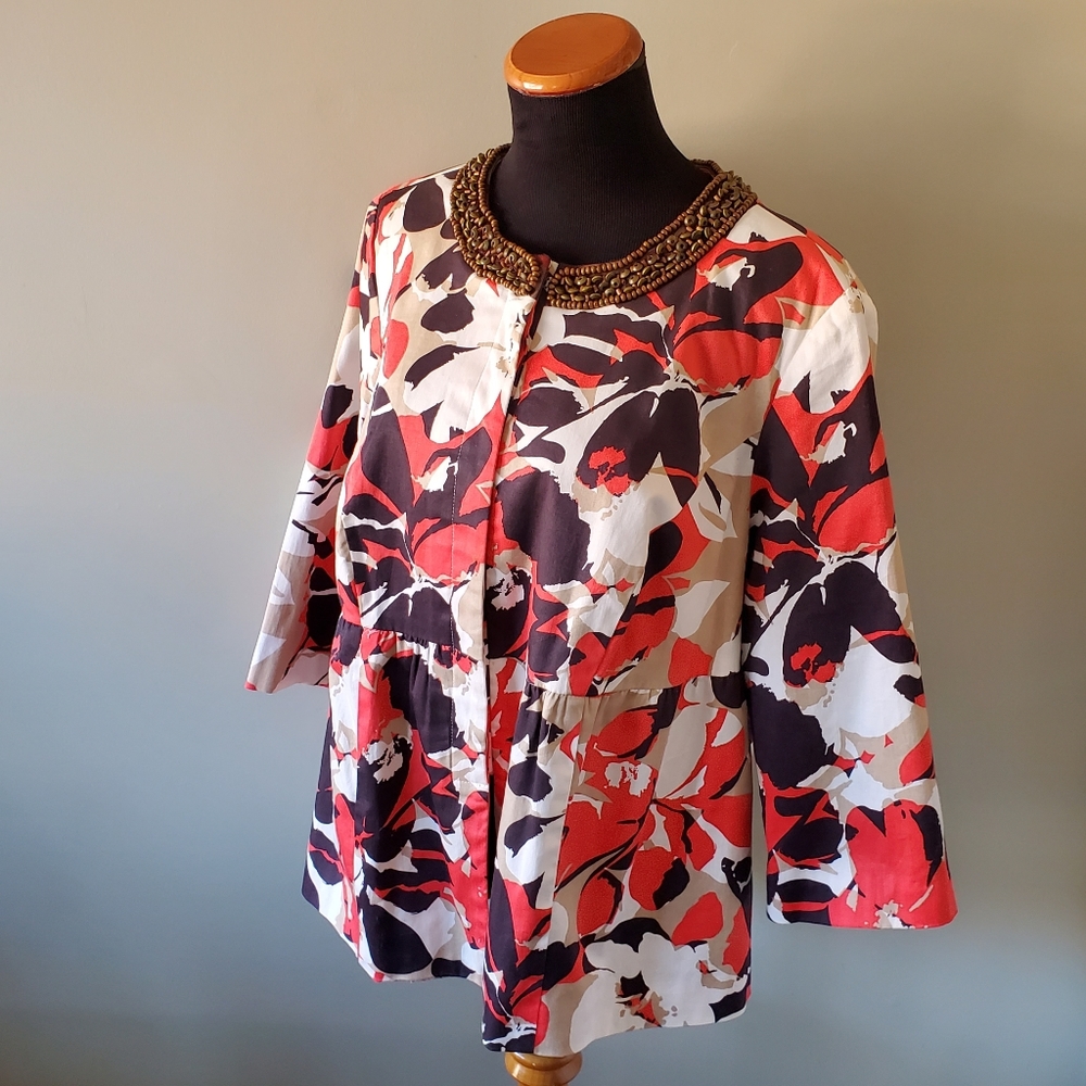 Lane Bryant 16 Bohemian Hawaiian Tropical Floral Resortwear Beaded Peplum Blazer - Picture 9 of 16